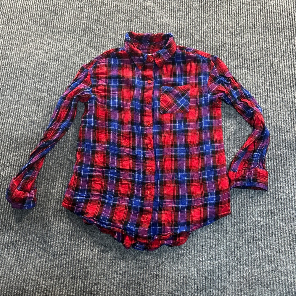 Justice Girls Perfect Plaid Button Down Shirt Size 12 Red Blue Soft Flannel